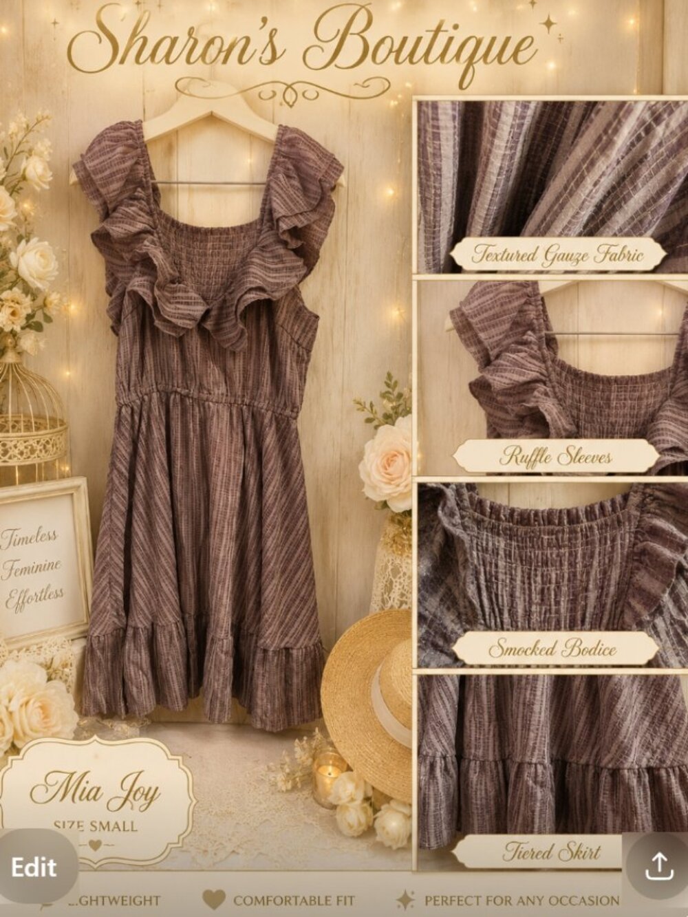 Mia Joy Women's Small Gray Textured Gauze Ruffle Sleeve Tiered Dress Boho